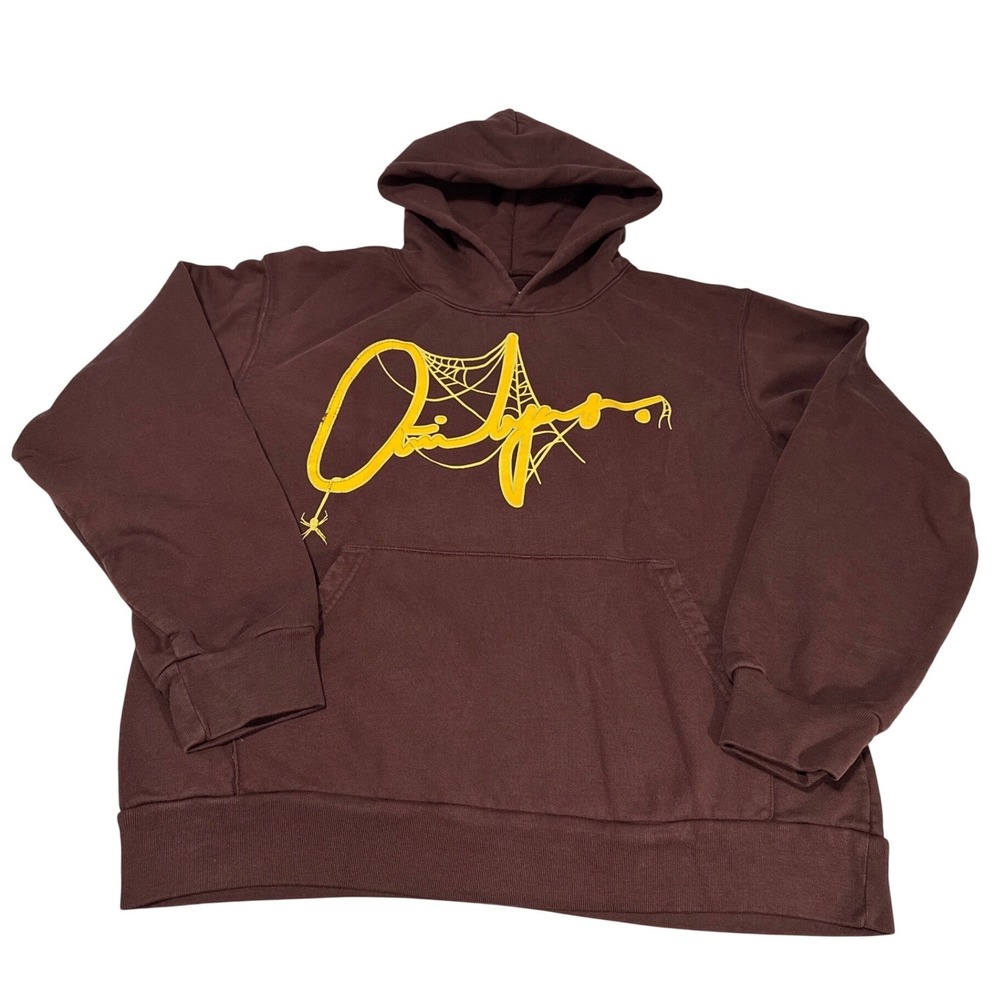 Sp5der Worldwide Web Hoodie Brown Yellow Graphic Pullover Rare Large Made in USA